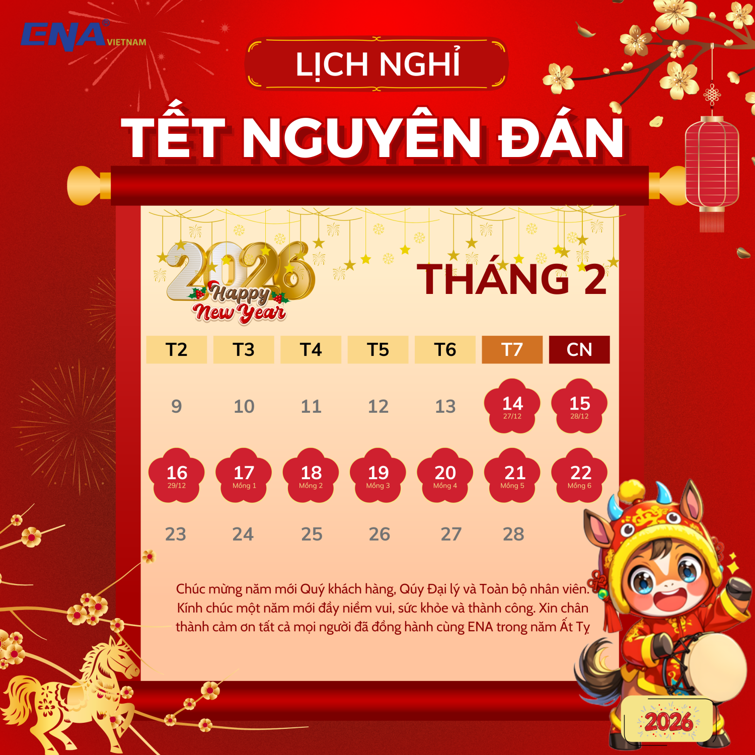 LỊCH NGHỈ TẾT ÂM LỊCH NĂM BÍNH NGỌ 2026